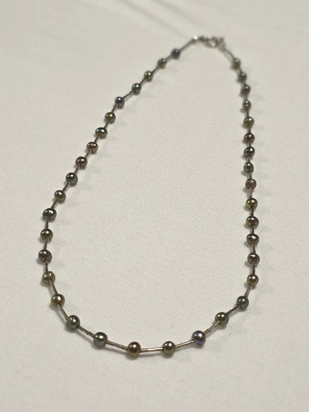 925 Sterling Silver Peacock Pearl Station Necklace 16" Taxco Style